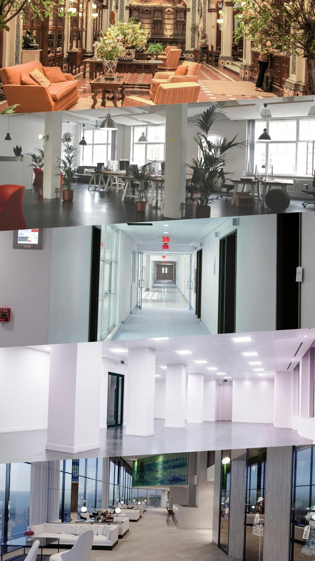 Panoramic view of a modern smart office interior hallway